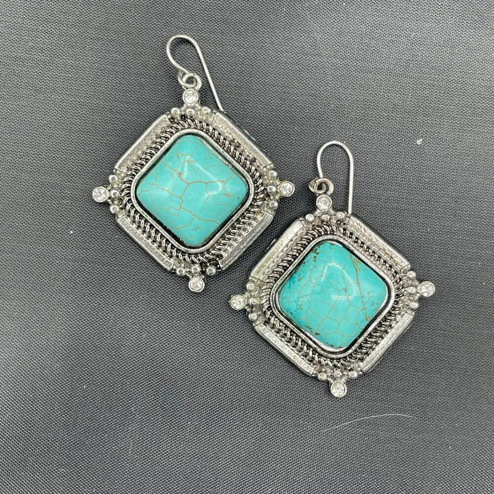 Vintage Earrings Turquoise Colored Stone Diamond Shape Dangling Earrings